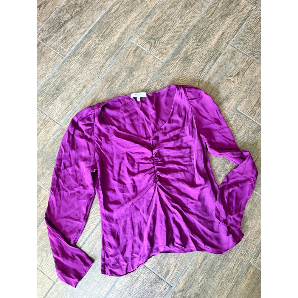 Milly Womens Silk Blend Ruched V-Neck Long Sleeve Blouse Purple Magenta Large